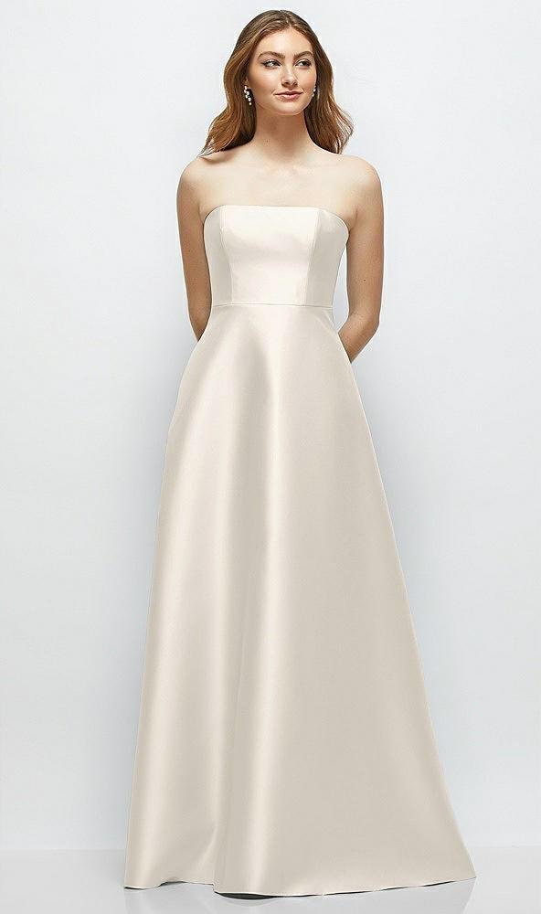 strapless satin gown with full skirt and covered buttons at back