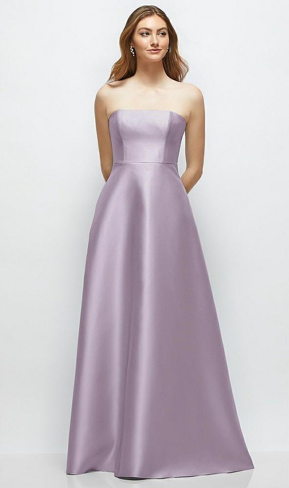 strapless satin gown with full skirt and covered buttons at back