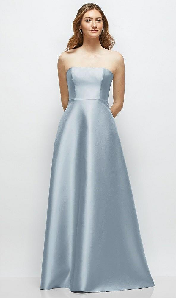 strapless satin gown with full skirt and covered buttons at back