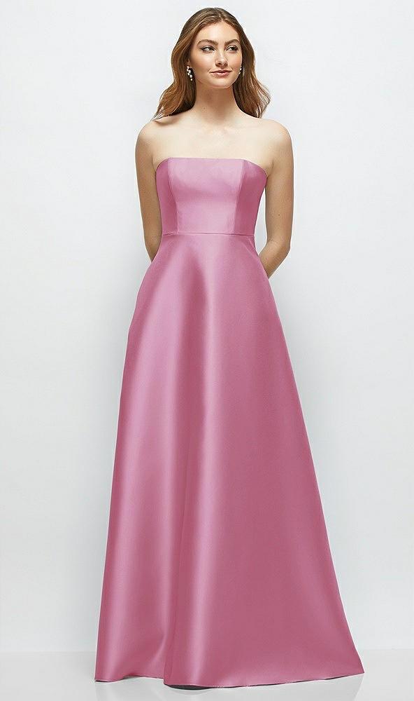 strapless satin gown with full skirt and covered buttons at back