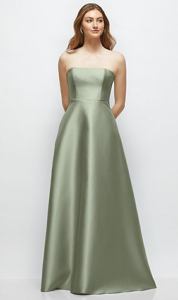 strapless satin gown with full skirt and covered buttons at back
