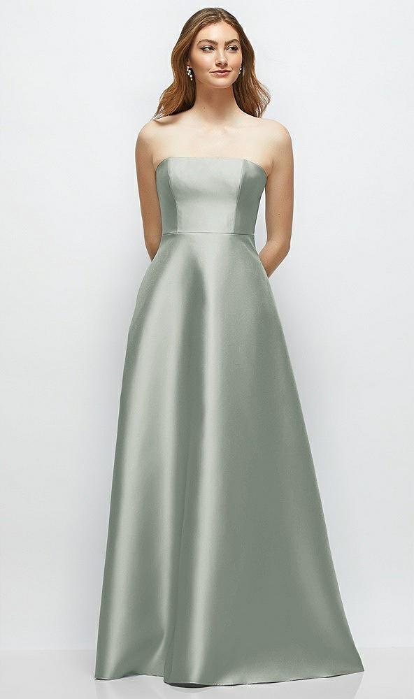 strapless satin gown with full skirt and covered buttons at back