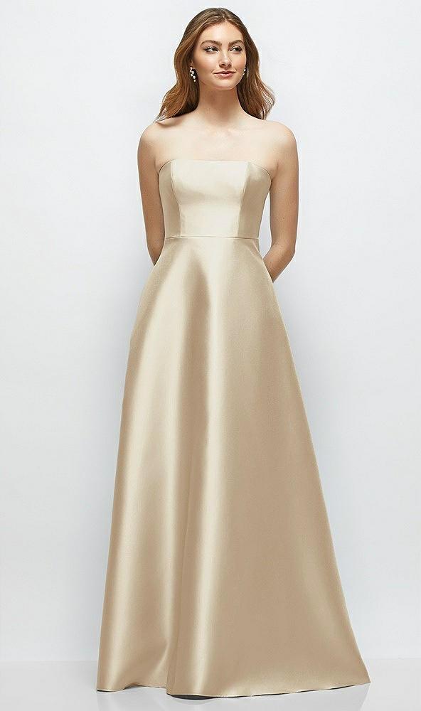 strapless satin gown with full skirt and covered buttons at back