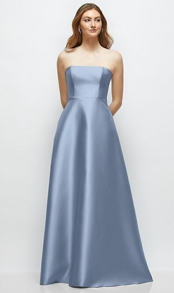 strapless satin gown with full skirt and covered buttons at back