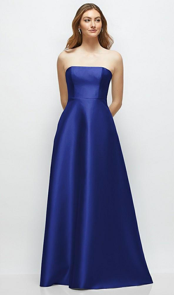 strapless satin gown with full skirt and covered buttons at back