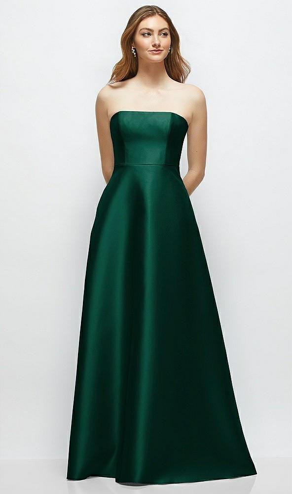 strapless satin gown with full skirt and covered buttons at back