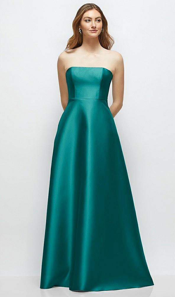 strapless satin gown with full skirt and covered buttons at back