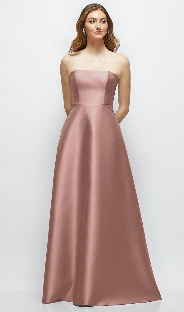 strapless satin gown with full skirt and covered buttons at back