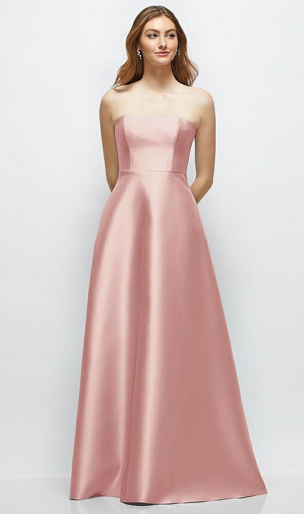 strapless satin gown with full skirt and covered buttons at back