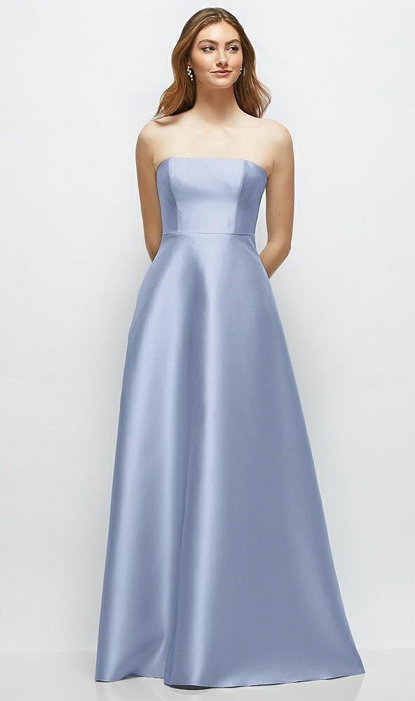 strapless satin gown with full skirt and covered buttons at back