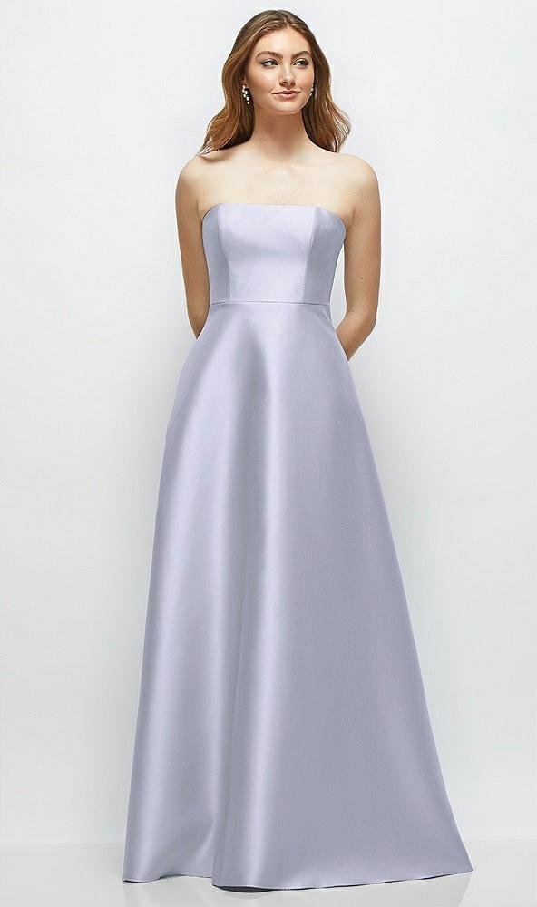 strapless satin gown with full skirt and covered buttons at back