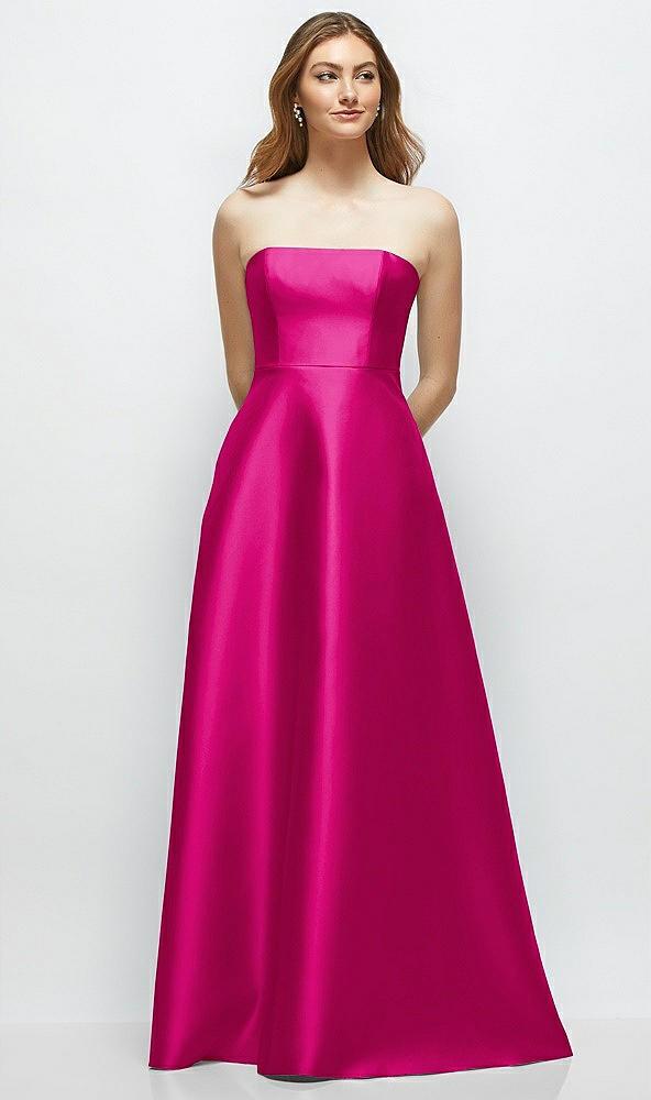 strapless satin gown with full skirt and covered buttons at back