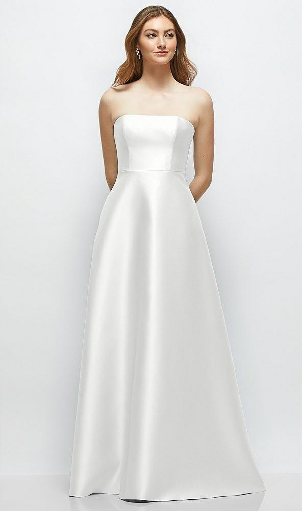 strapless satin gown with full skirt and covered buttons at back
