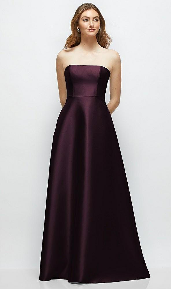 strapless satin gown with full skirt and covered buttons at back