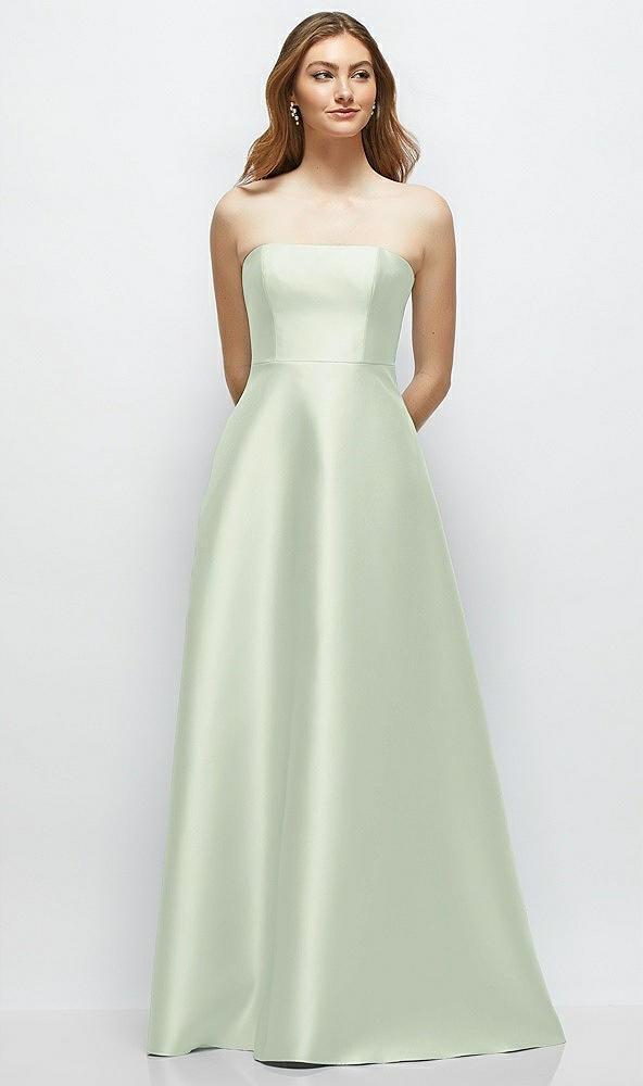 strapless satin gown with full skirt and covered buttons at back