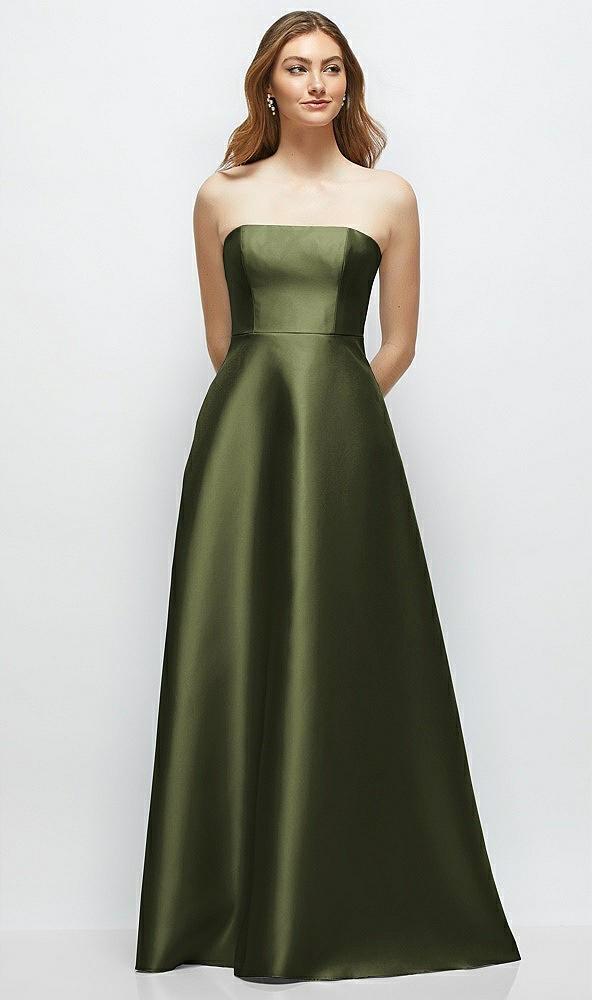 strapless satin gown with full skirt and covered buttons at back
