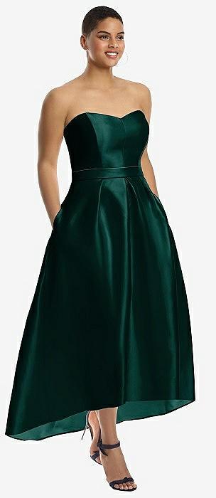 strapless satin high low dress with pockets