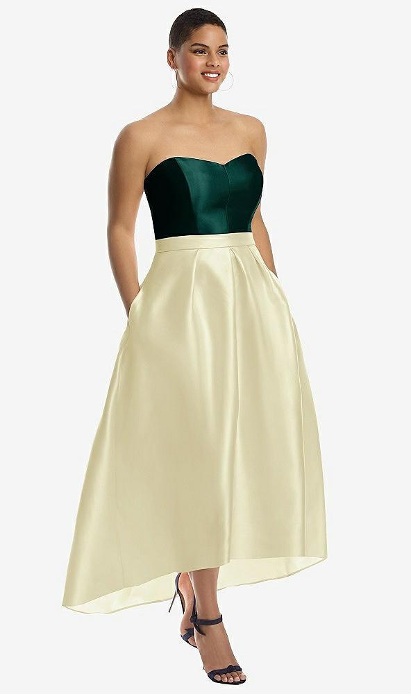 strapless satin high low dress with pockets