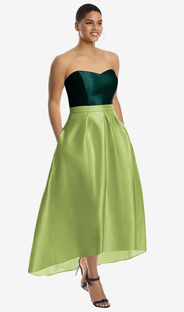 strapless satin high low dress with pockets