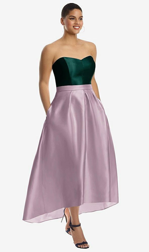 strapless satin high low dress with pockets