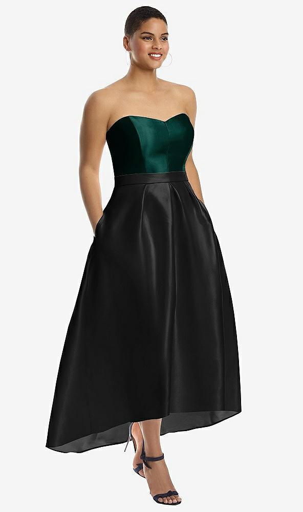 strapless satin high low dress with pockets