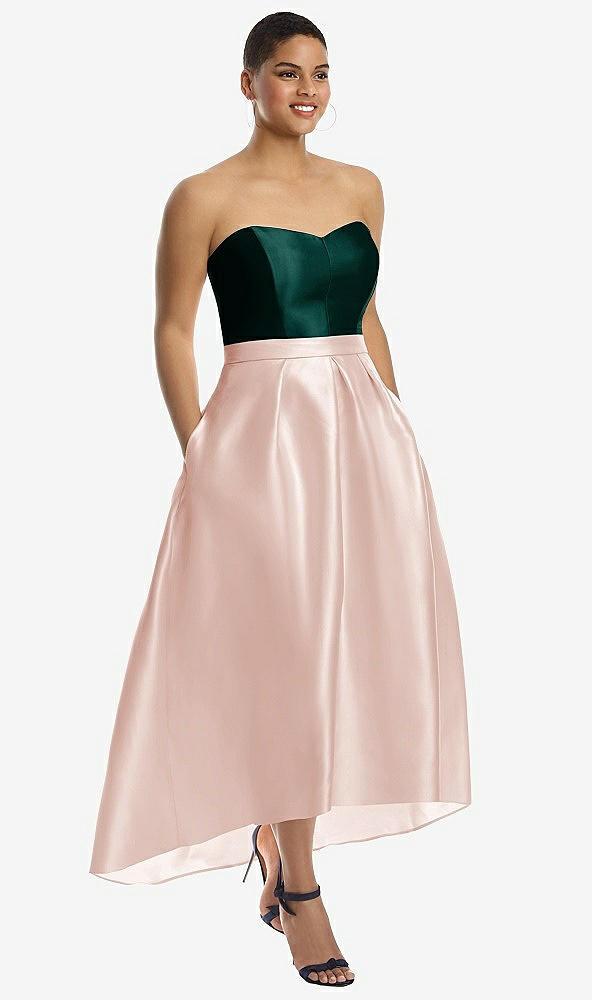 strapless satin high low dress with pockets