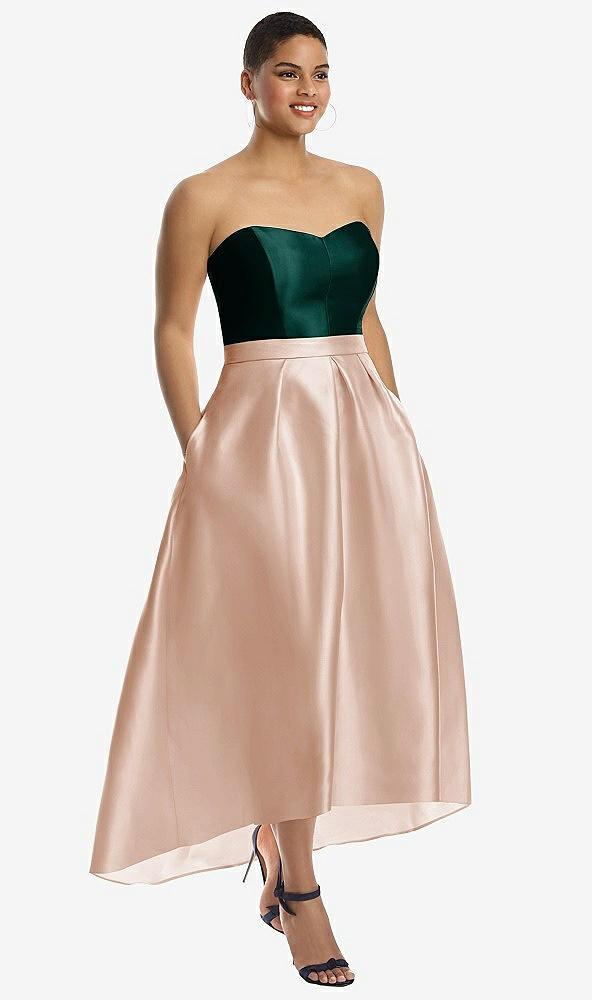 strapless satin high low dress with pockets