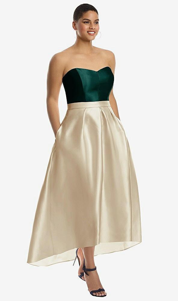 strapless satin high low dress with pockets