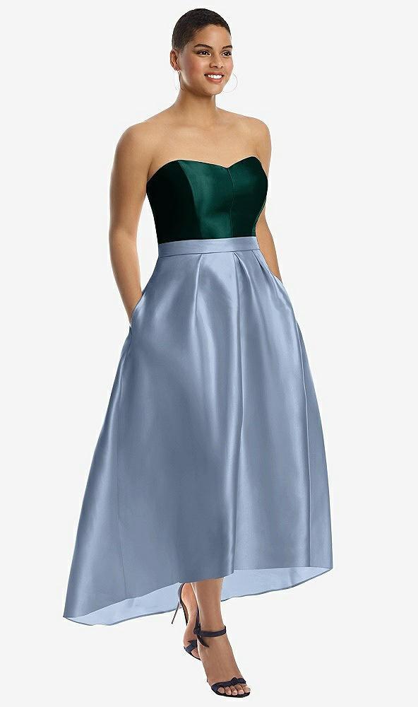 strapless satin high low dress with pockets