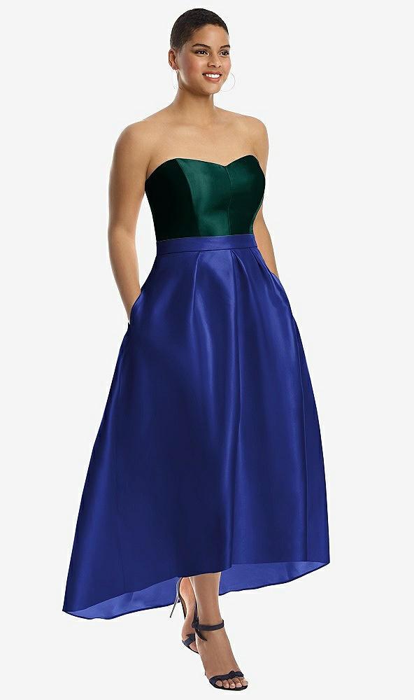strapless satin high low dress with pockets