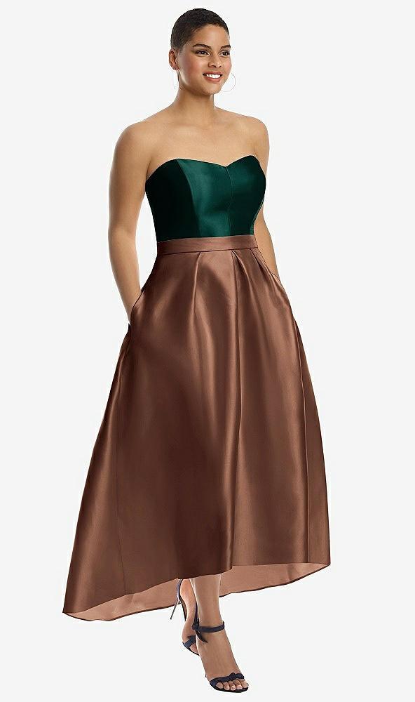 strapless satin high low dress with pockets