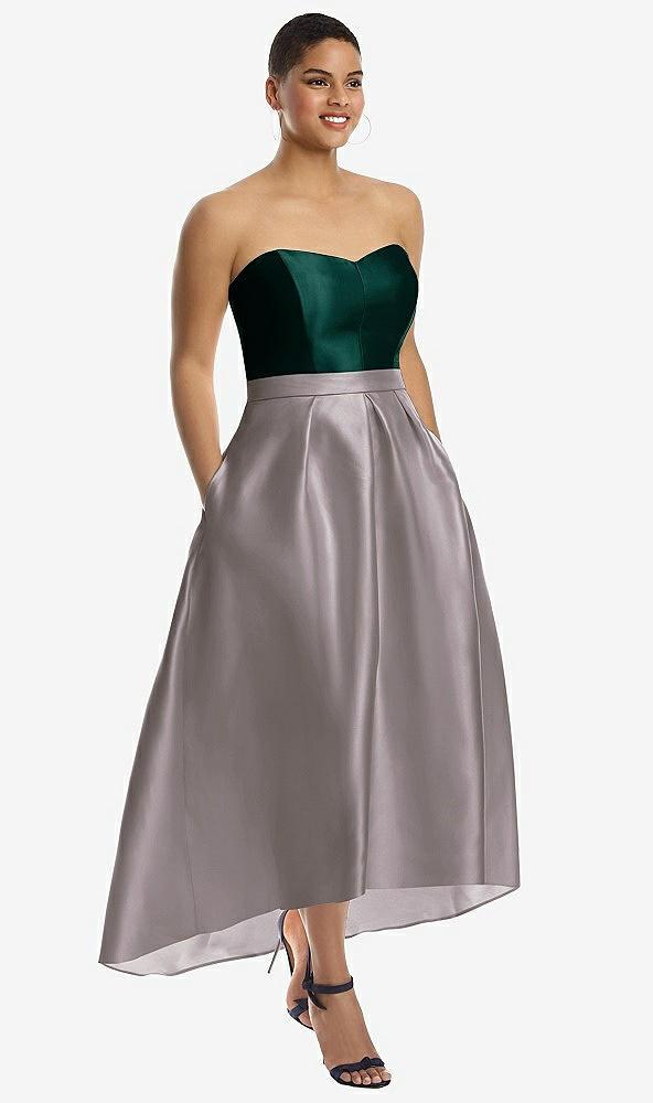strapless satin high low dress with pockets