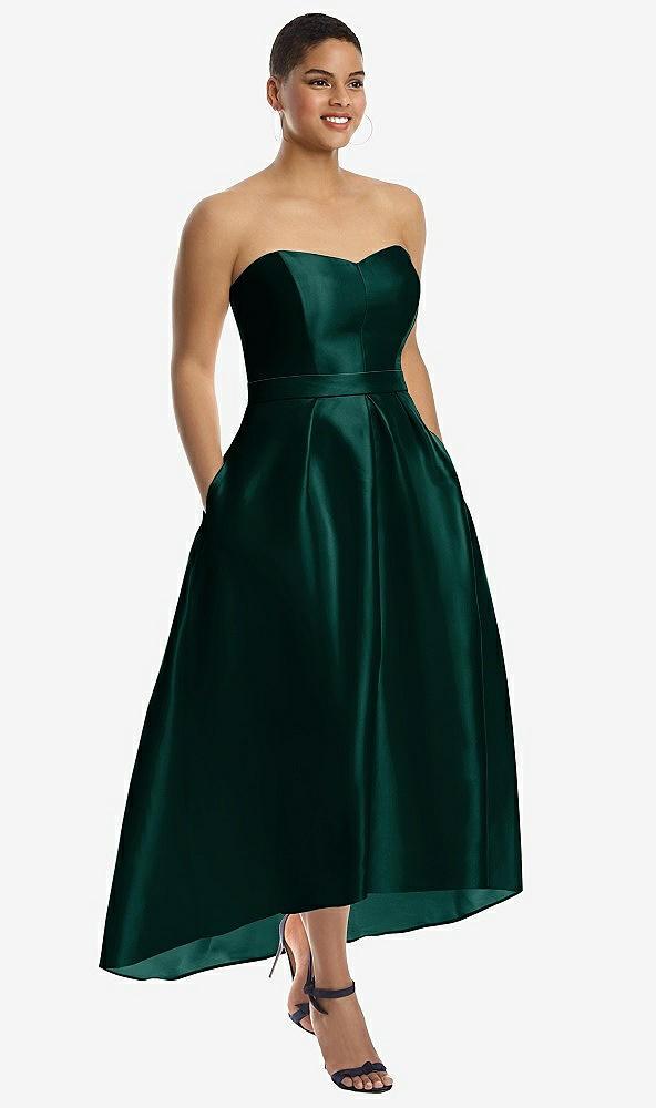 strapless satin high low dress with pockets