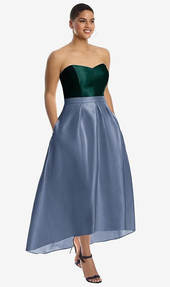 strapless satin high low dress with pockets