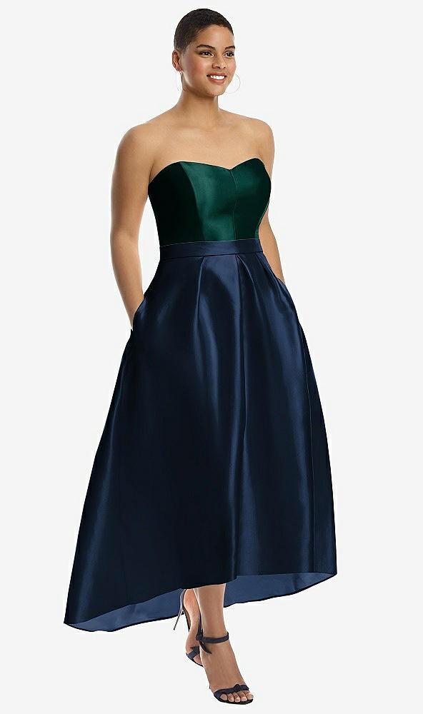 strapless satin high low dress with pockets