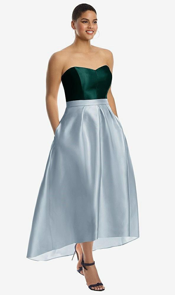 strapless satin high low dress with pockets