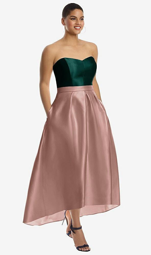 strapless satin high low dress with pockets