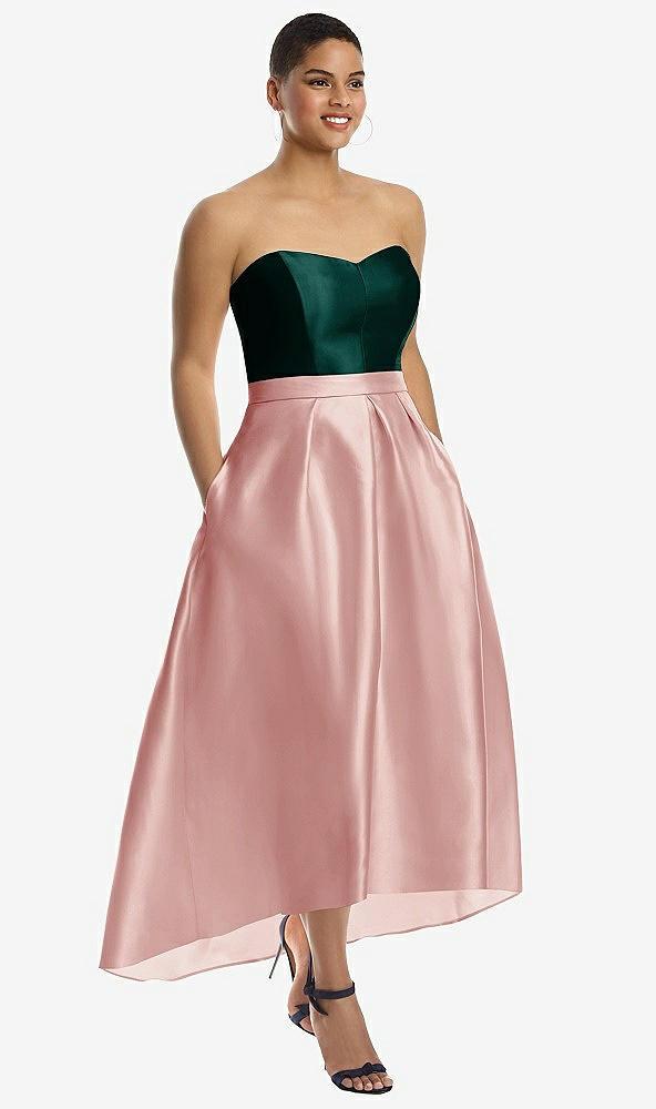 strapless satin high low dress with pockets