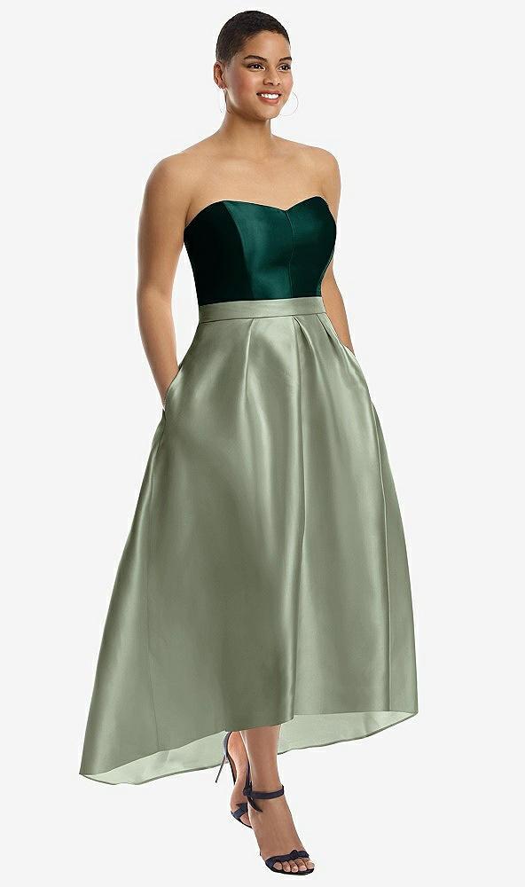 strapless satin high low dress with pockets