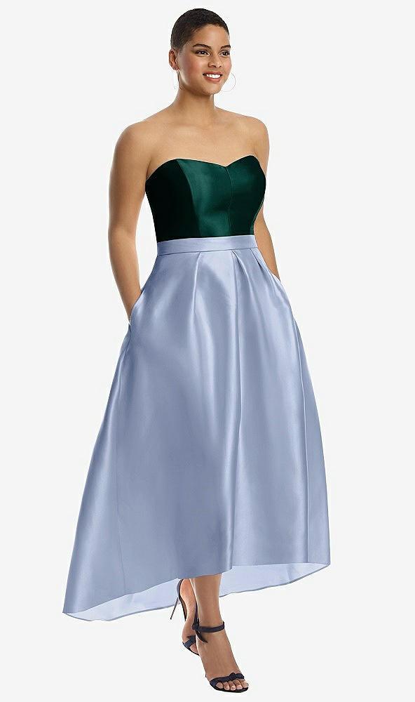 strapless satin high low dress with pockets