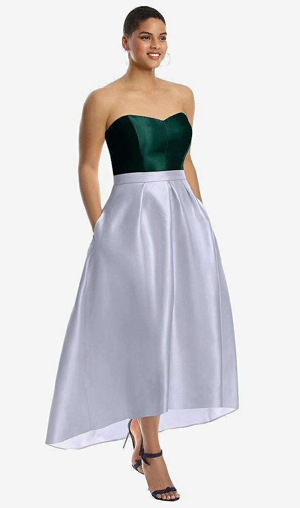 strapless satin high low dress with pockets