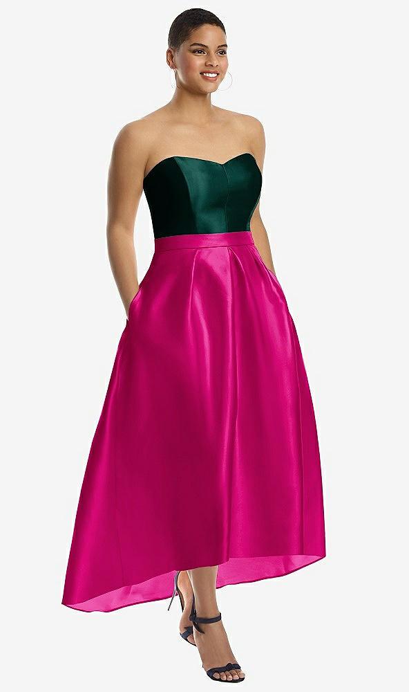 strapless satin high low dress with pockets