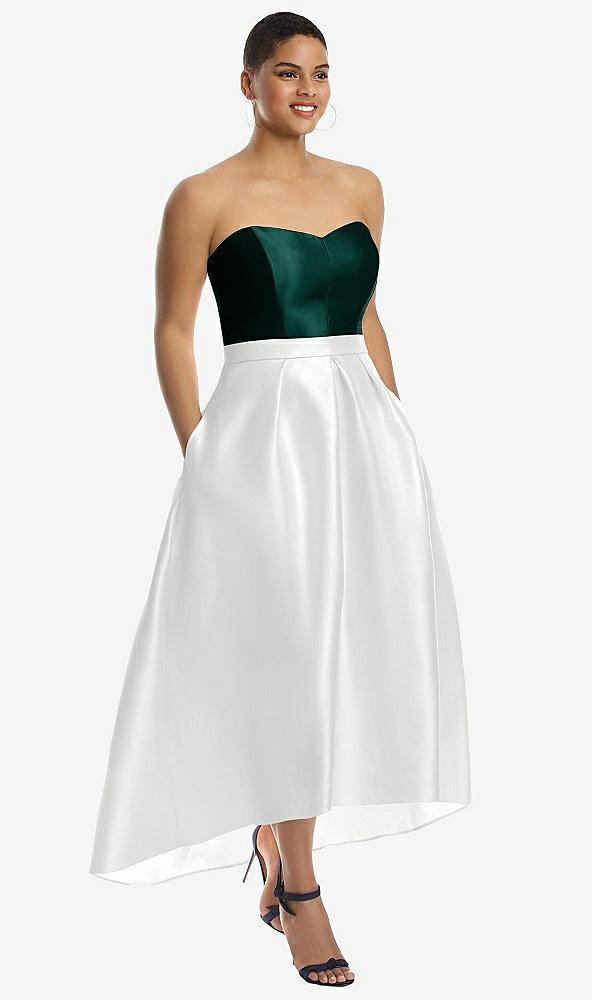 strapless satin high low dress with pockets