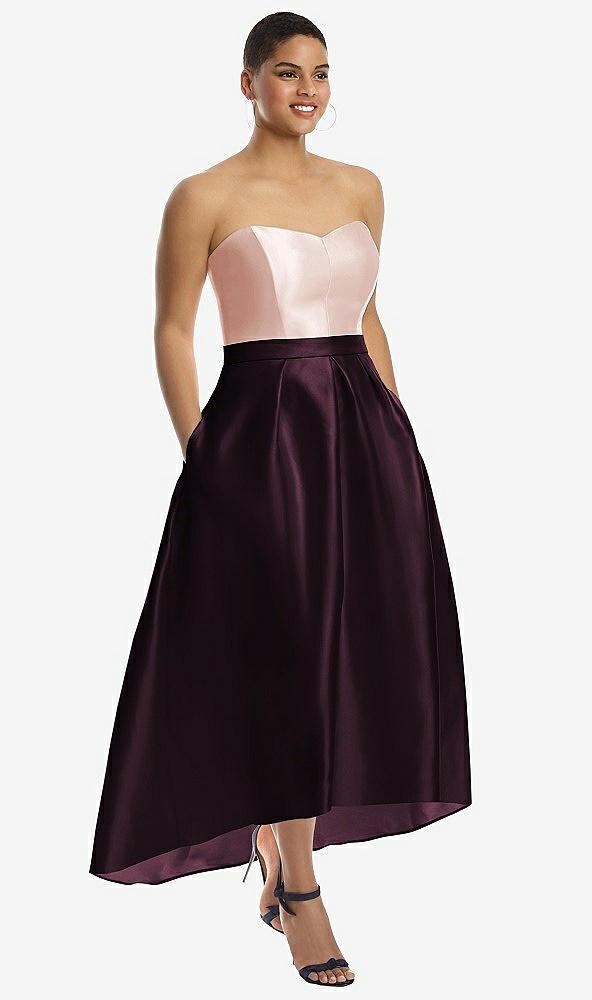 strapless satin high low dress with pockets