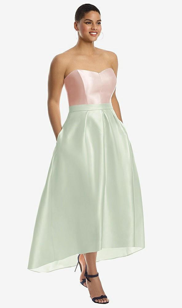 strapless satin high low dress with pockets