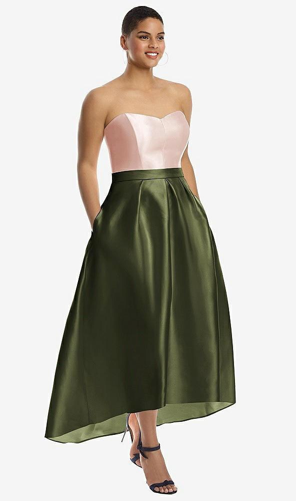 strapless satin high low dress with pockets
