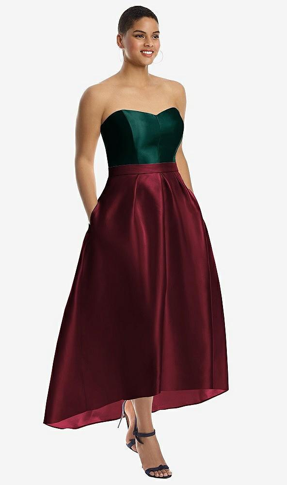 strapless satin high low dress with pockets