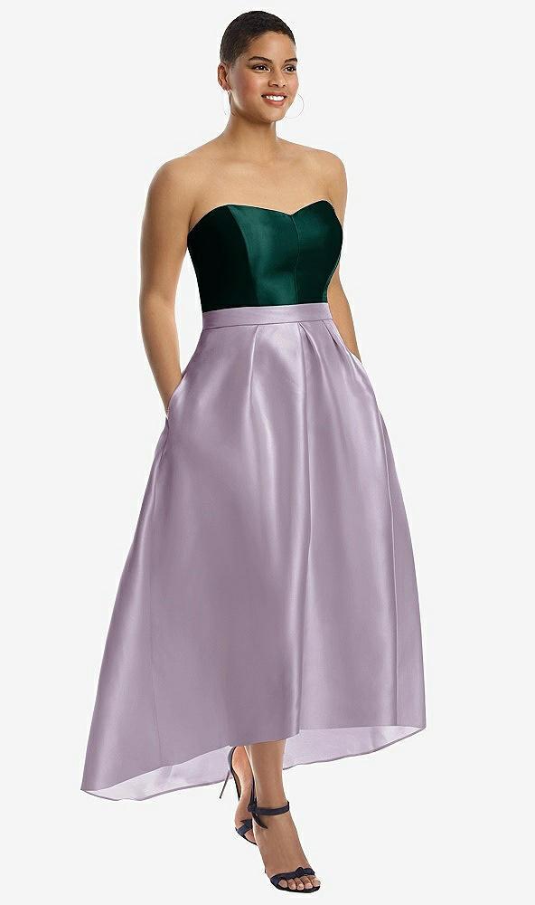 strapless satin high low dress with pockets