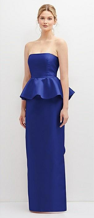 strapless satin maxi dress with cascade ruffle peplum detail