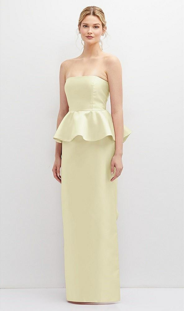 strapless satin maxi dress with cascade ruffle peplum detail